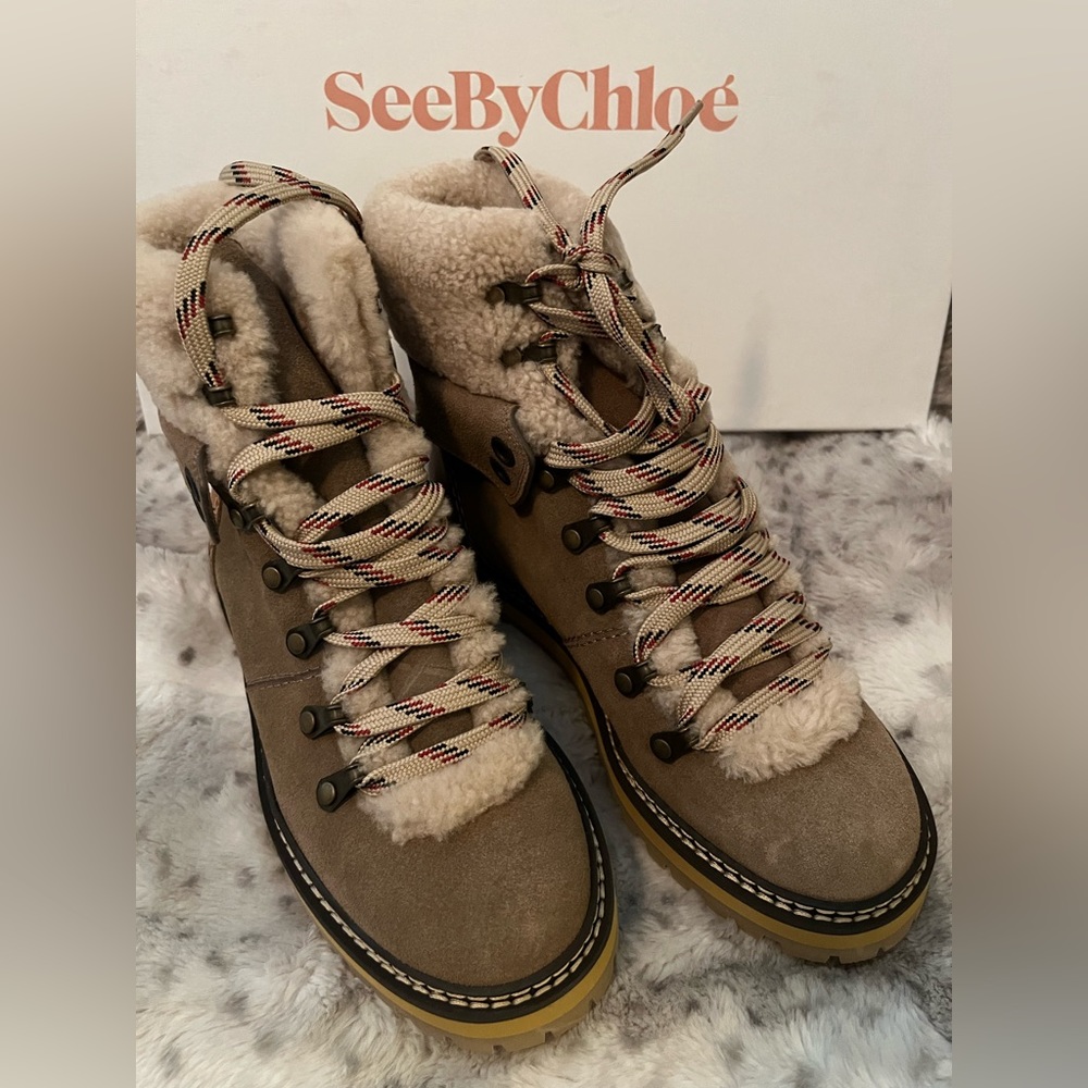 sz US 37, 38 see by chloé Eileen shearling hiker boots MSRP$495 CLEARANCE